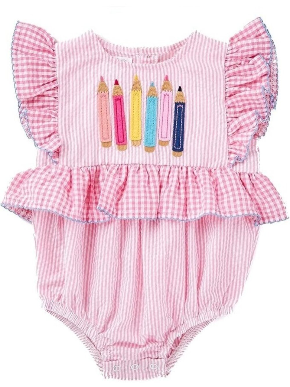 Mud Pie 6m 9m Back to School Bubble Romper pink seersucker crayon gingham pencil